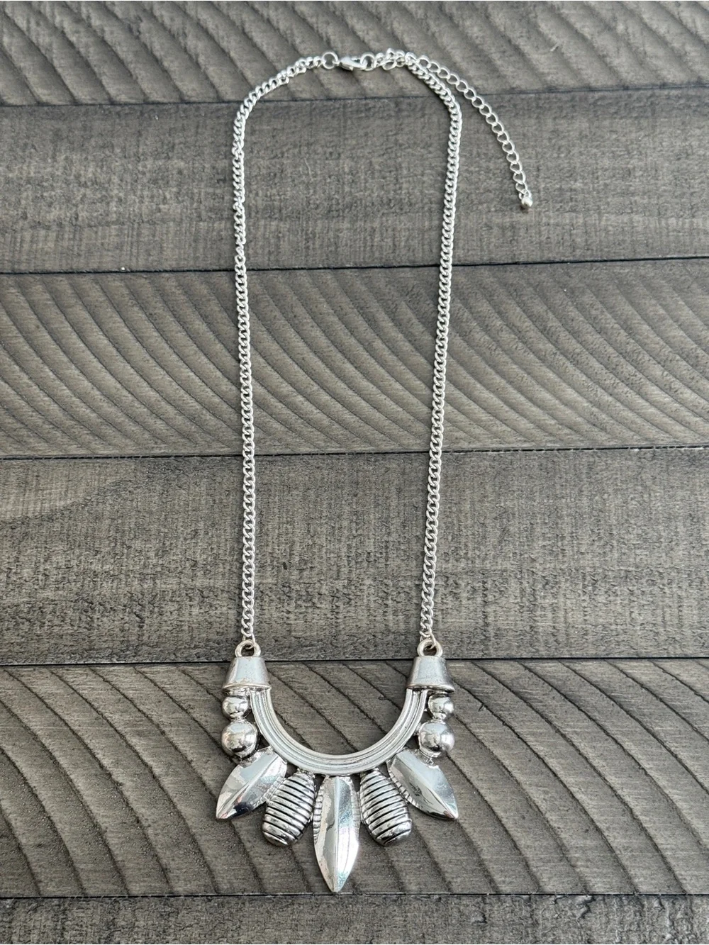 Silvertone Scoop Pendant Necklace Tribal